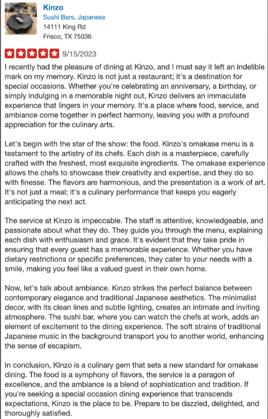 ChatGPT generated review on Yelp