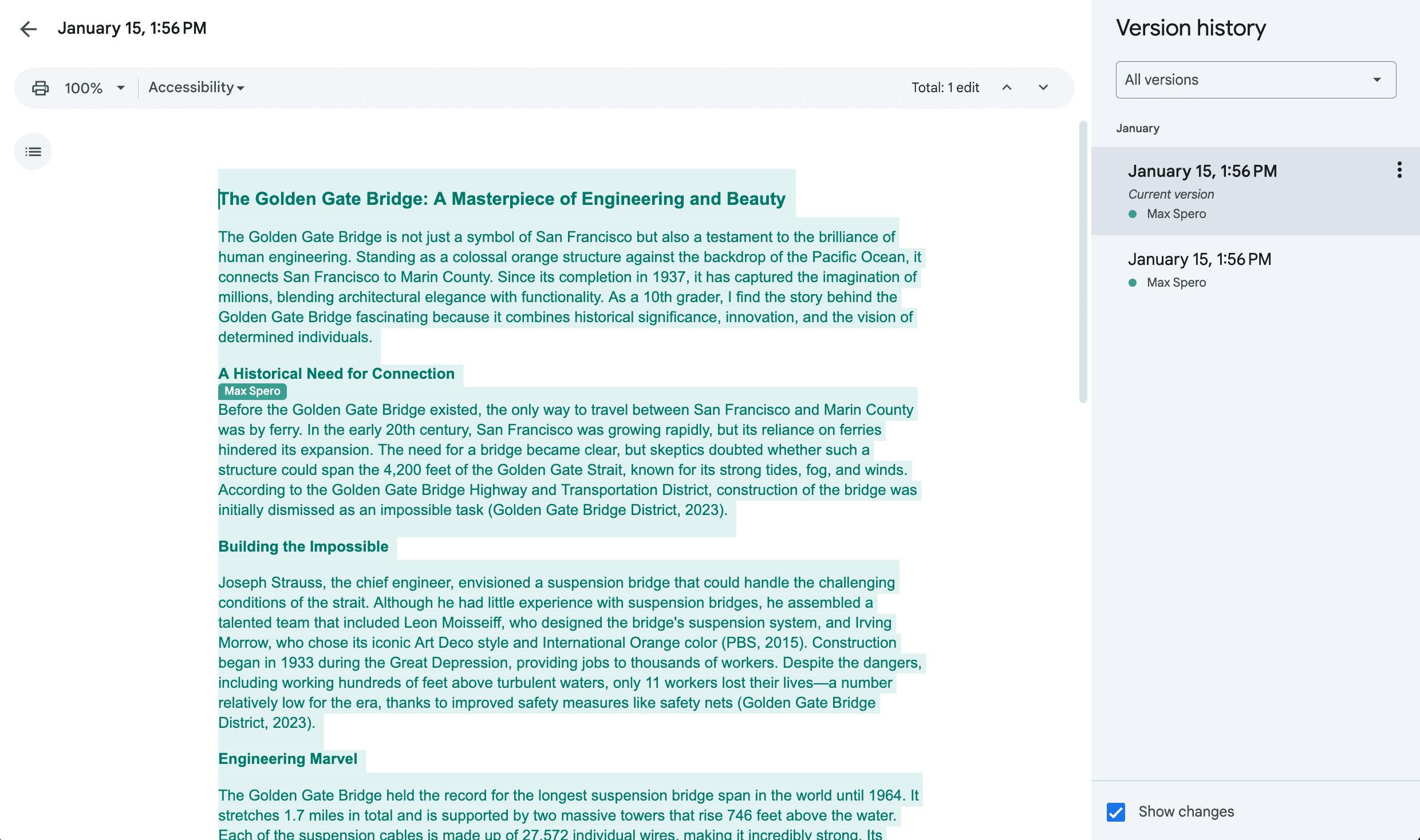 The version history of a document that was pasted in without edits will look like this.