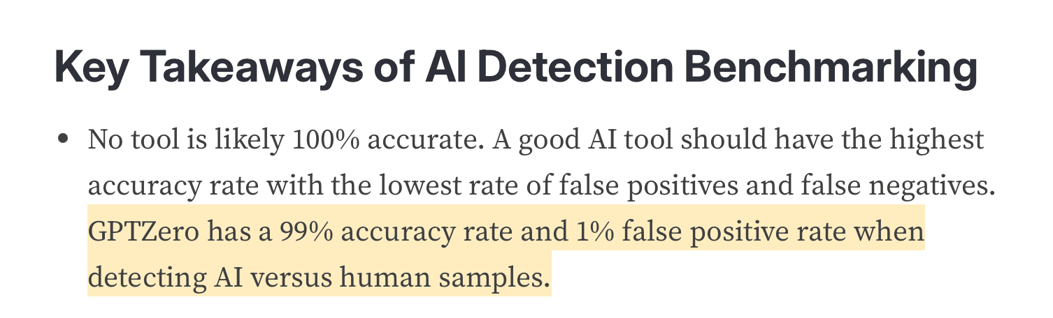 GPTZero's reported false positive rate on their website