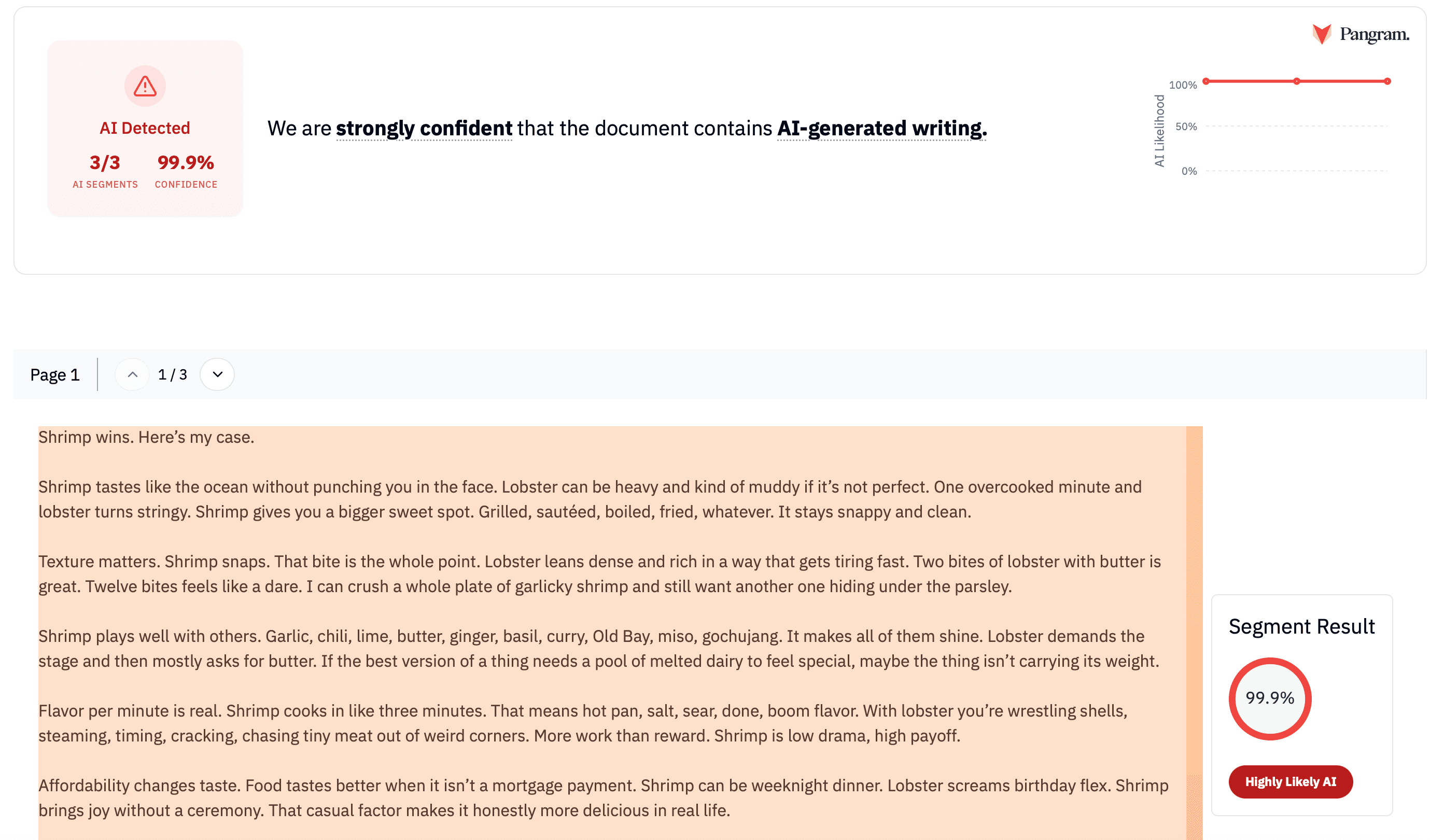 Pangram's AI detection results on the shrimp vs lobster text