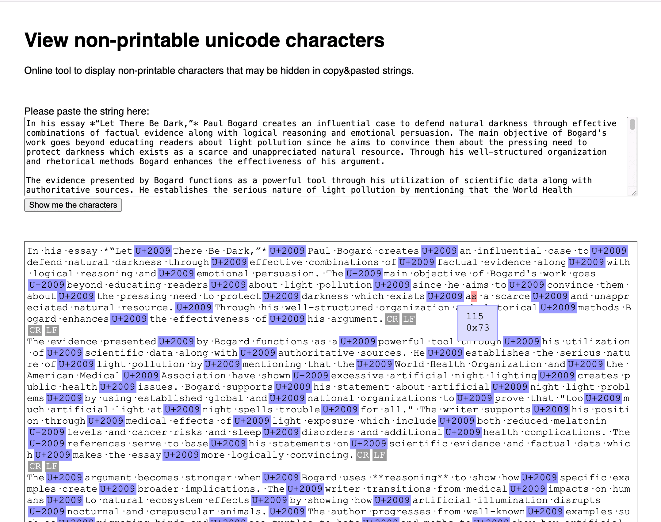 Example of non-printable characters in humanized text