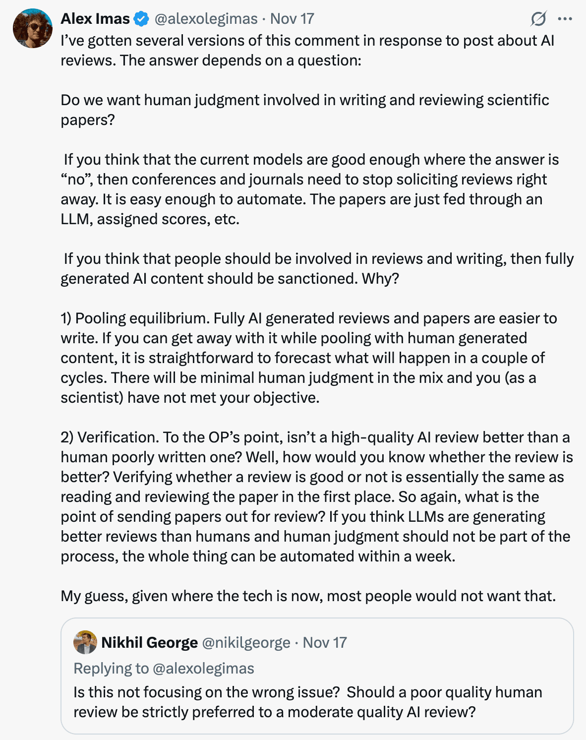 Alex Imas tweet on AI-generated reviews