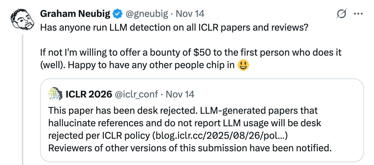 Graham Neubig's tweet offering a bounty for analyzing ICLR submissions